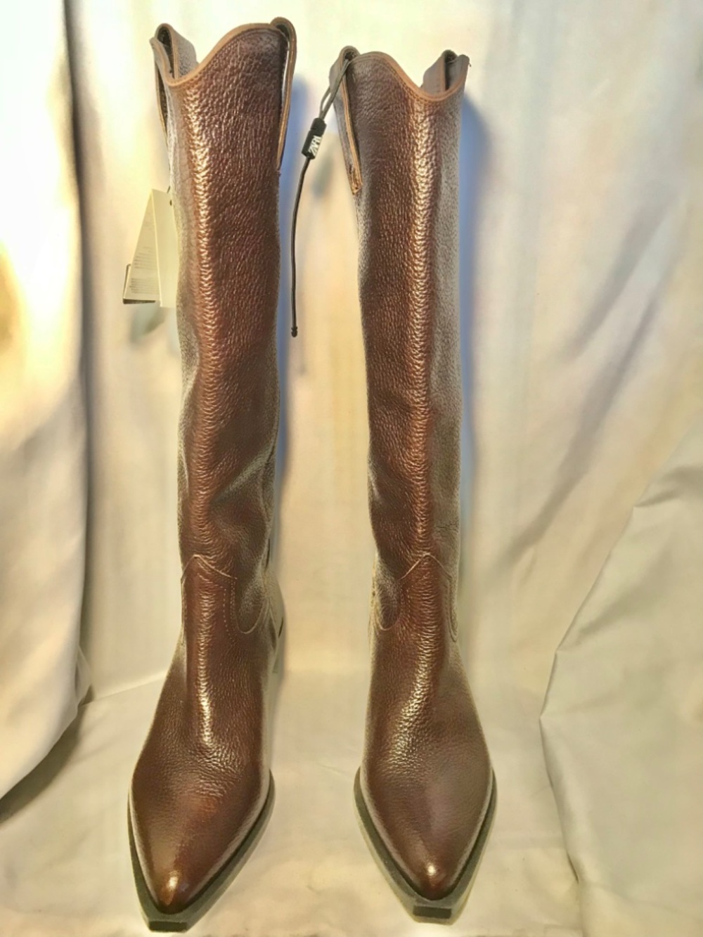 Zara Leather Hight Boots Textured Brown Mid Heel Pointed Toe Pull On Size: 6 1/2 - Picture 8 of 16